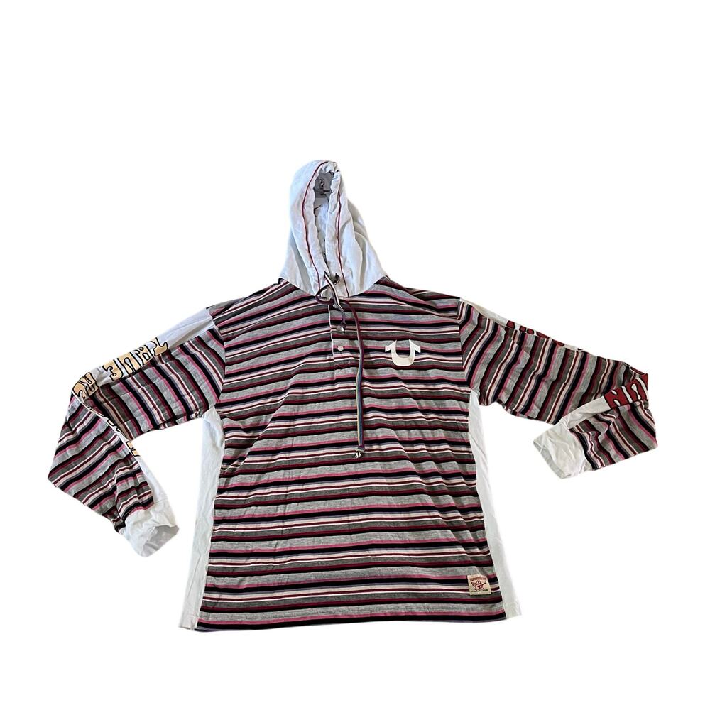 True Religion Buddha Logo Multi Color Stripe Hooded Shirt Sz L